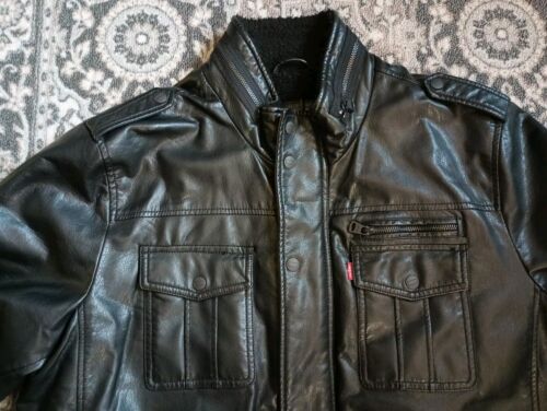 Levis Mens Faux Leather Aviator Bomber Jacket XL Black Sherpa Lined Moto Biker - 第 2/17 張圖片
