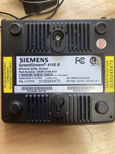 Siemens Speedstream 4100 B Ethernet ADSL Modem/power Cord And Ether Cable