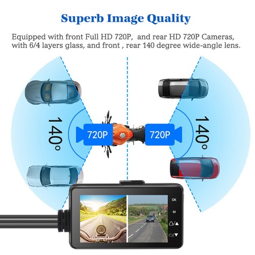Dash cam moto 3"" DVR doppia fotocamera videoregistratore vista anteriore posteriore guida - Foto 4 di 13