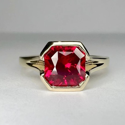 3Ct Radiant-Cut Lab-Created Red Ruby Solitaire Wedding Ring 10K Yellow Gold Over