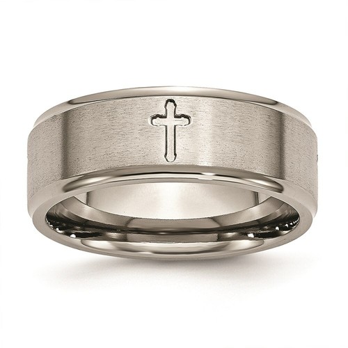 Titanium Ridged Edge Cross 8mm Brushed and Polished Band - Picture 25 of 26