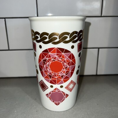Starbucks 2014 Jewel Gems Red Gold Chain Ceramic Travel Tumbler Mug Cup NO LID 