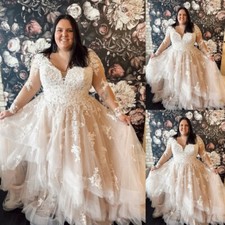 Plus Size Wedding Dresses Champagne Long Sleeve V Neck Ruffled Tulle Bridal Gown