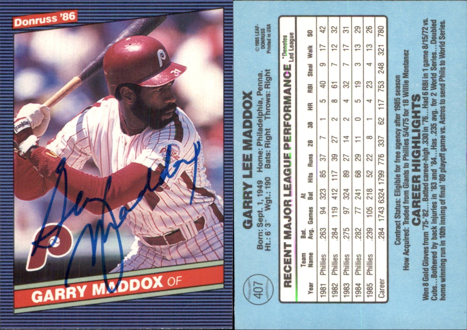 Garry Maddox Signed 1986 Donruss #407 AU Philadelphia Phillies *Autograph Den*