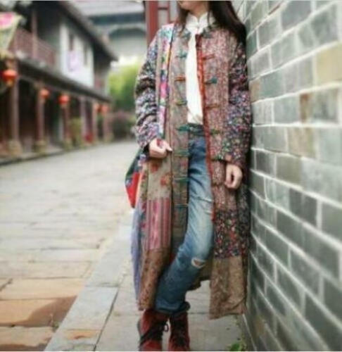 Abito donna cotone lino arte popolare maxi lungo bottoni floreale sciolto Cheongsam - Foto 9 di 10