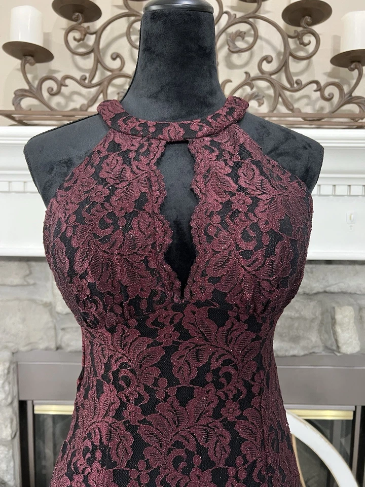 Vtg Y2K Lace Mesh Maxi Gown Prom Sz 8 Burgundy Black Mermaid Dress Whimsigoth - Image 3 of 4