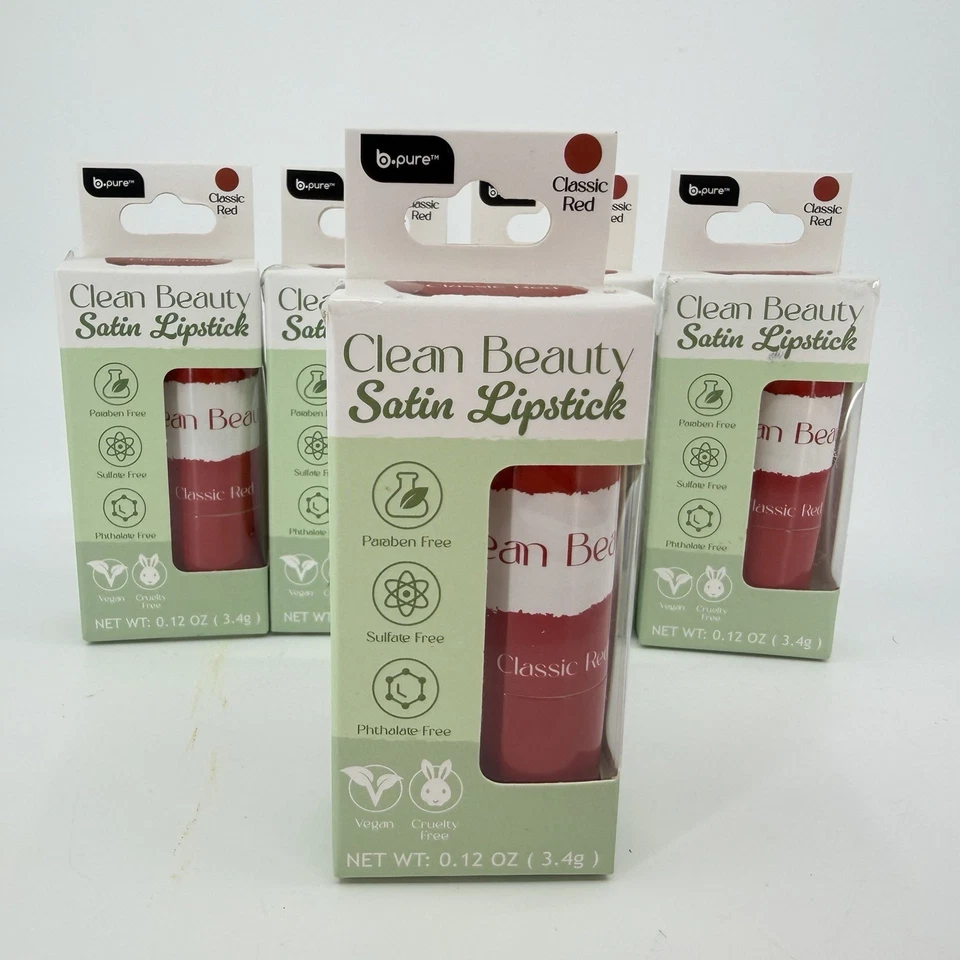 5x B*Pure Products Clean Beauty lápiz labial satinado color rojo clásico 0,12 OZ (3,4 g ea Foto 3 de 4