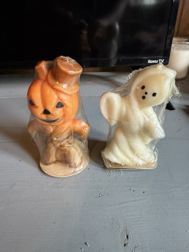 VINTAGE GURLEY HALLOWEEN CANDLES White 5” ghost And Orange Pumpkin Man Suit NEW - Picture 1 of 7