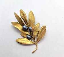 MMA Michael Michaud Olive tree Sprig Black Pearls Matte Gold  Brooch Pin