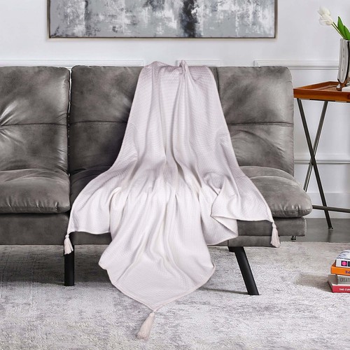 60" X 50" White Woven Cotton Throw Blanket - Picture 6 of 8