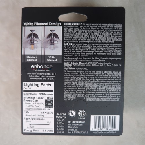 Feit Electric LED White Filament G16.5 E12 Candelabra Bulbs 40W 2 Pack Soft - Picture 6 of 6
