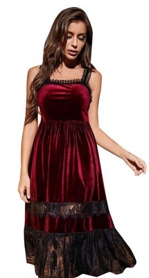  Burgundy Velvet Lace Midi Slip Dress Square Neck Spaghetti Strap Size XL