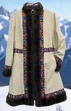 Betty Rose Afghan Style Jacket Coat Faux Fur Embroidered Hippie Boho Size M