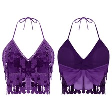 Womens Belly Dance Costumes Glitter Sequin Bra Tops Lace-up Halter Crop Tops