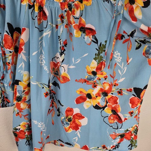 Zac & Rachel Womens Peasant Blouse Size 2X Boho Blue Floral Print 3/4 Sleeve - Picture 5 of 12