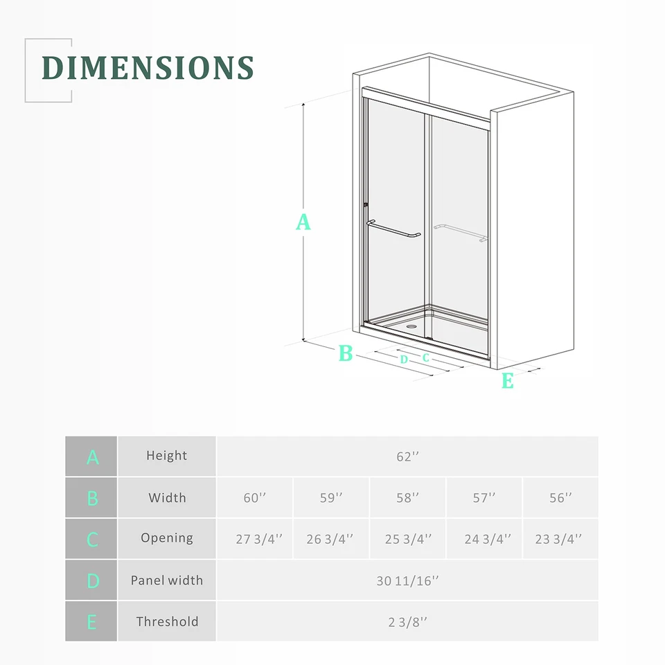 Porta de tela deslizante ouro escovado 60 pol x 62 pol. vidro temperado porta de chuveiro dupla - Imagem 3 de 4