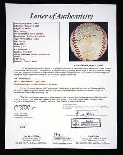 Dennis Martinez Sandy Koufax Auto Perfect Game Used Ball Inscribed 7-28-91 JSA - Picture 5 of 7