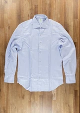 (NO CUSTOMS TAX) FINAMORE blue white shepherd check cotton dress shirt 40 15.75