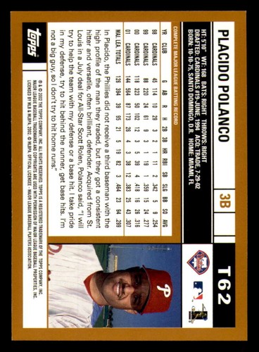 2002 Topps Traded and Rookies #T62 Placido Polanco SP - Philadelphia Phillies - Foto 2 di 3