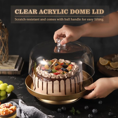 Gold Cake Stand with Dome,2-In-1 Cake Holder With Lid,Metal Dessert Stand wit... - Picture 3 of 7