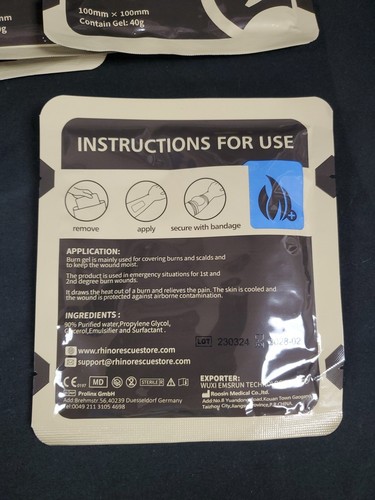 5 Stück Rhino Rescue Brandverband transparent Hydrogel Wunde 10x10cm NEU - Bild 3 von 4