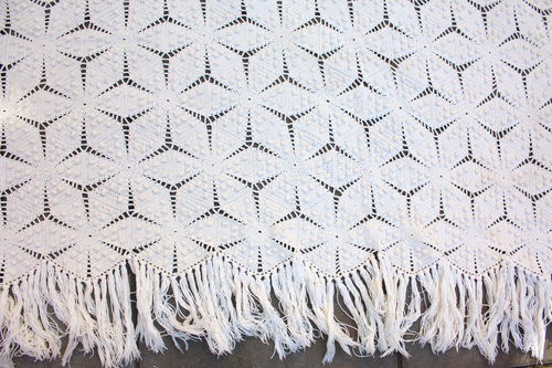 COPRILETTO COPRILETTO VINTAGE AVORIO COTONE UNCINETTO DIAMANTE E POPCORN CON FRANGE, 78”x96” - Foto 1 di 16