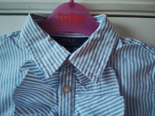 Ralph Lauren Polo Girl's striped shirt blue white button down ruffle cotton 6 y - Picture 2 of 13