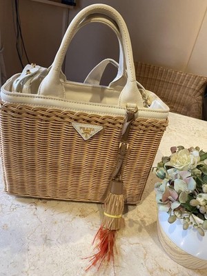 Prada Rattan Basket Bag Featuring Tassel Details Genuine and