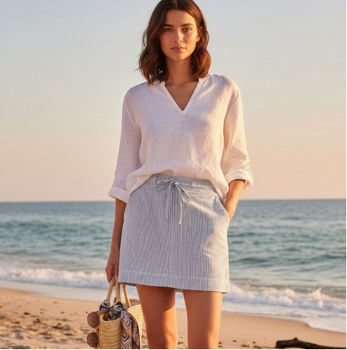 Kenar linen cotton blend mini skirt striped with drawstring Sz 8