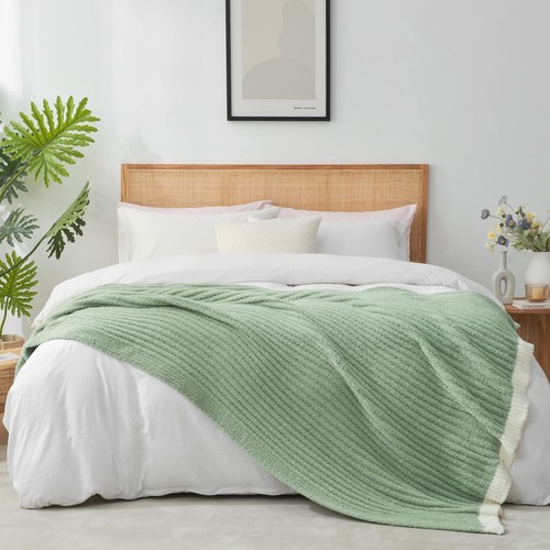 Kuschelsack flauschige gerippte Wohndecke für Couch, salbeigrün, Mikrofaser Kni... - Bild 6 von 9