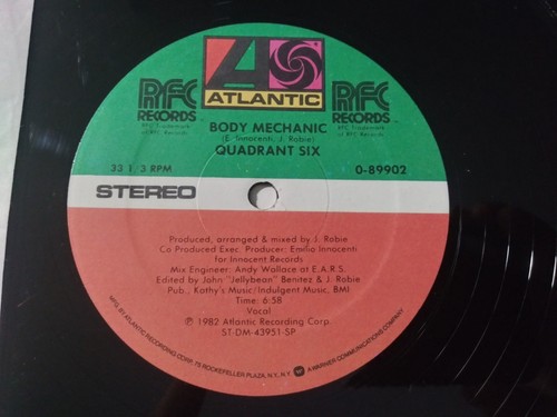 Quadrant Six – Body Mechanic VG- Original 12 Single Atlantic Record 1982 ELECTRO - Imagen 3 de 4