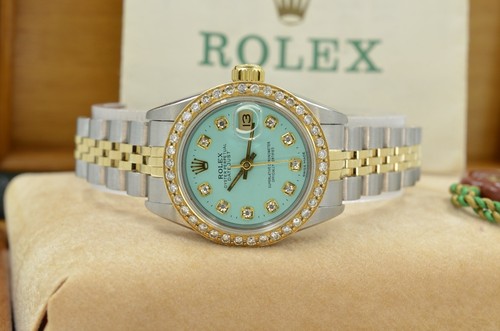 Rolex Lady-Datejust 69173 Custom Tiffany Turquoise diamond dial & Bezel 1994 B&P - Picture 3 of 5