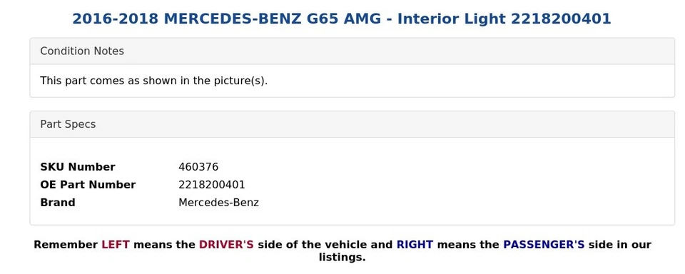 2016-2018 MERCEDES-BENZ G65 AMG - Luz interior 2218200401 - Imagem 4 de 4
