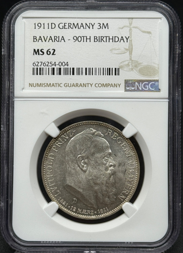 1911-D Germany Bavaria Silver 3 Marks Prince Luitpold's 90th Birthday NGC MS63