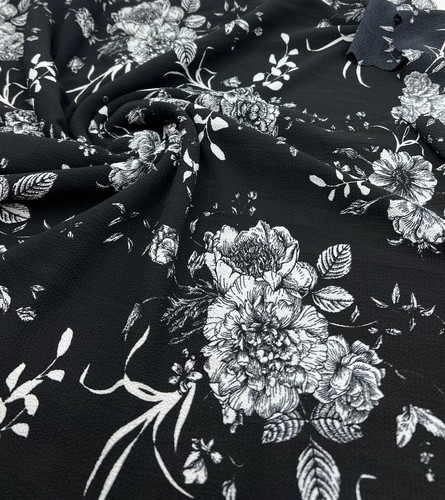 Black White Floral Print Lightweight Bubble Crepe Fabric - Picture 2 of 11