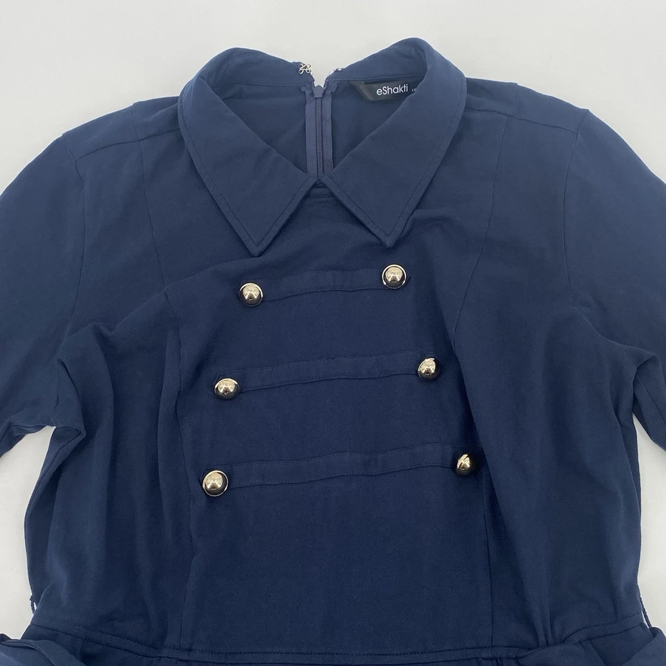 eShakti Dress 1X 16W Blue Fit & Flare Jersey Stretch Nautical Retro Collared - Image 4 of 4