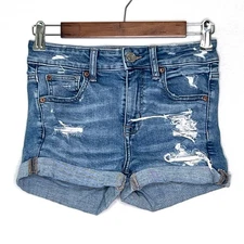 American Eagle womens Hi-rise Shortie denim shorts size 2 stretch distressed