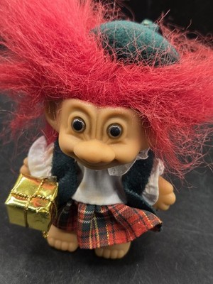 Vintage 90s Russ Christmas Troll Doll Figurine 3.8'' Clothed With Present & Hat
