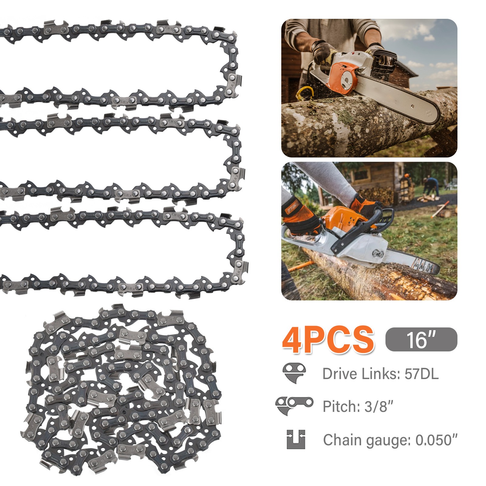 4X 12/14/16/18/20 Inch Chainsaw Saw Chain Blade 3/8LP/0.325 45-76 DL Drive Links