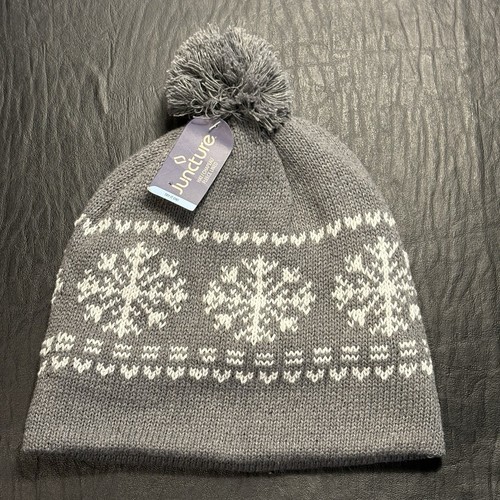 Juncture Gray with White Snowflake Print Winter Hat Fleece Lined with Pom Top - Picture 3 of 8