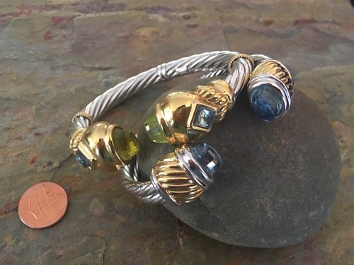 14KT Yellow White & Gold Briolette Topaz Gemstone End Caps Cuff Bangle Bracelet  - Picture 10 of 12