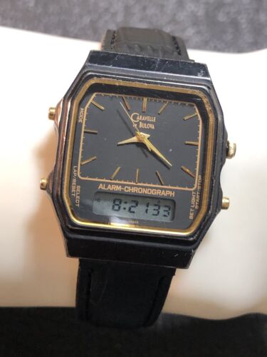 Vintage Caravelle Bulova Mens Watch Analog Digital Black/Gold Tone Octagon - Picture 18 of 24