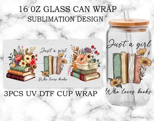 UV DTF Glass Cup Wrap Transfer Decal -3PCS 'Just A Girl Who Loves Books' Craf... - Bild 6 von 6