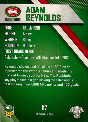 2017 SOUTH SYDNEY RABBITOHS NRL Card ADAM REYNOLDS Traders - Picture 2 of 2