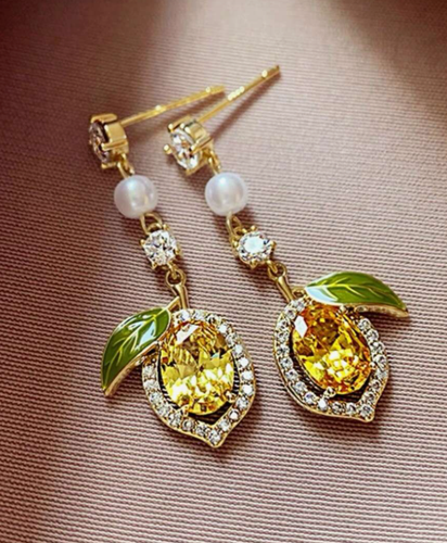 Yellow Rhinestone Drop Dangle Earrings Faux White Pearl Wedding Bridal Prom Stud - Picture 6 of 8