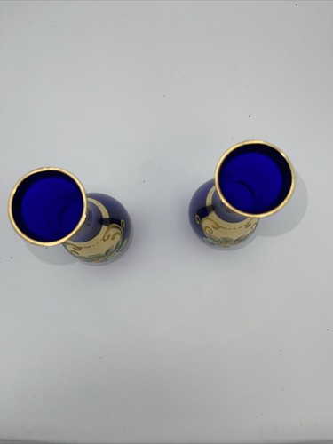 2-D3 Cobalt Blue Gold Gilt HAND PAINT GLASS VASE Enamel BOHEMIAN FLORAL  JAPAN - Picture 2 of 4