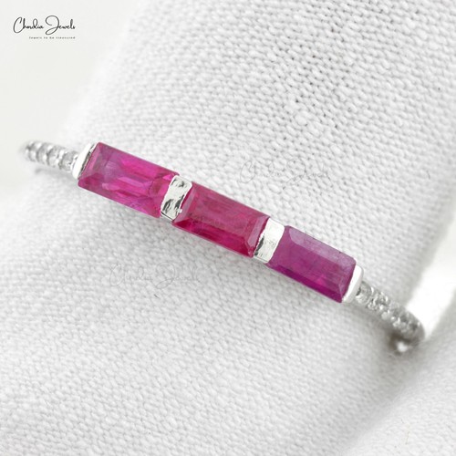 0.24 CT Baguette Cut Ruby & Diamond Wedding Ring 14k White Gold Three Stone Band - Picture 4 of 11