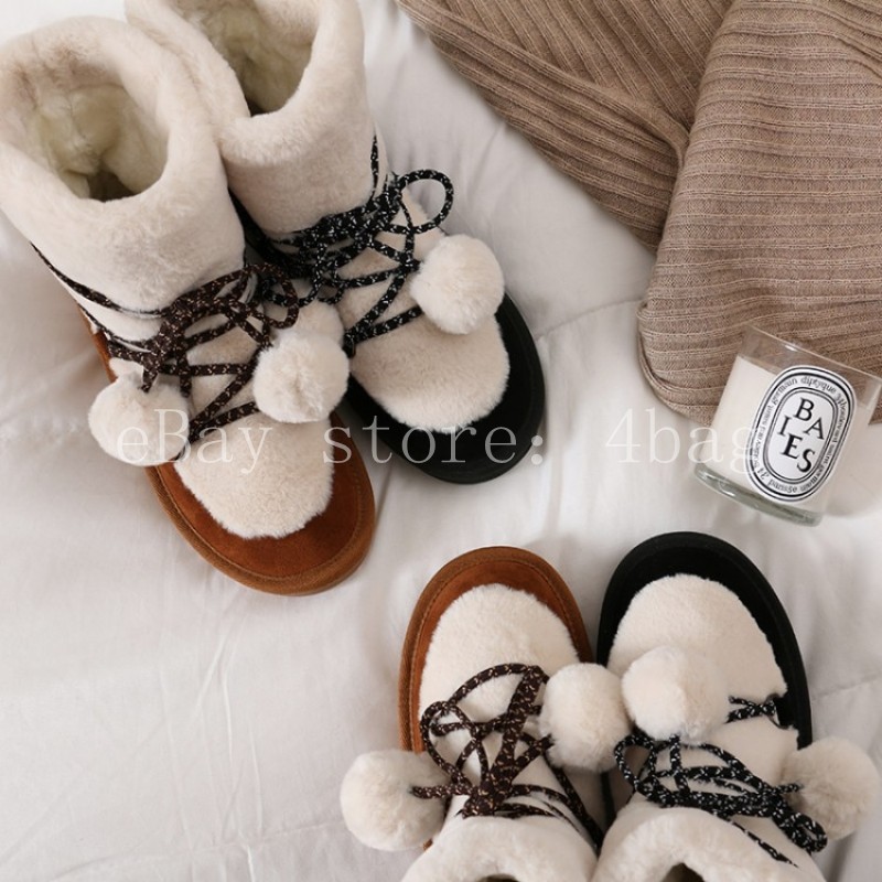 Mujeres Cuero De Gamuza botas De De De Nieve Pompón de Piel de Cordero Invierno botas al Tobillo Punta rojoonda Cálido 68726d Mujeres Cuero De Gamuza botas De De De Nieve Pompón de Piel de Cordero Invierno botas al Tobillo Punta rojoonda Cálido 68726d