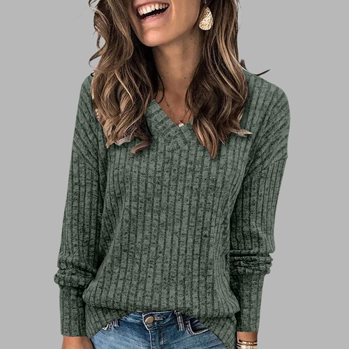 Women Ribbed Tops Ladies V Neck Long Sleeve Casual Loose T Shirt Jumper Blouse - Picture 20 of 26