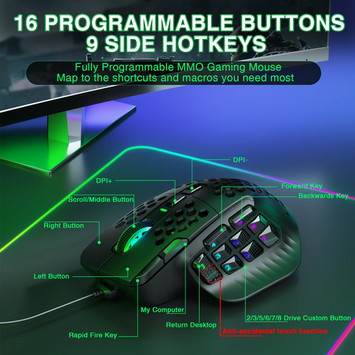 SOLAKAKA SM809 MMO Gaming Mouse 16 Buttons RGB Wired 22800DPI Honeycomb Macro - Picture 13 of 13